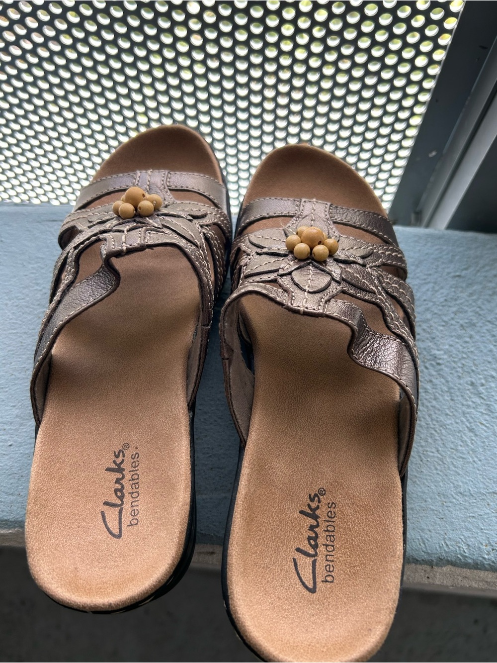 Clarks Metallic Brown Slide Sandals with Floral Bead Accent